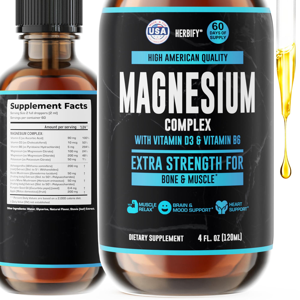 Flacon de 4 Oz de magnésium complexe liquide HERBIFY de face