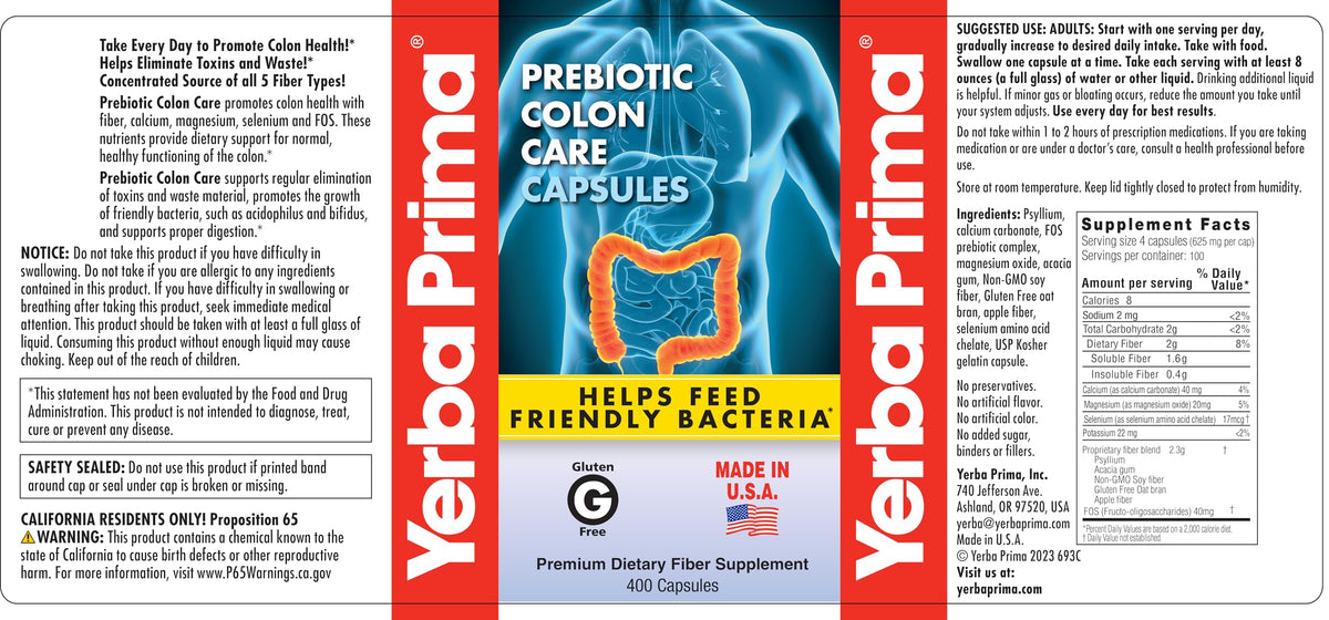 Flacon de 400 capsules Yerba Prima Soins du Colon