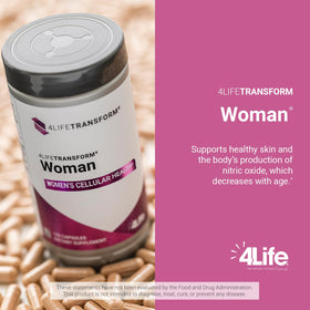 Flacon de 4Life Femme avec ingrédients en arrière-plan