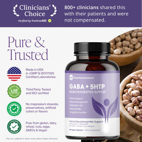 Flacon de 5-HTP Plus GABA avec des ingrédients naturels en arrière-plan