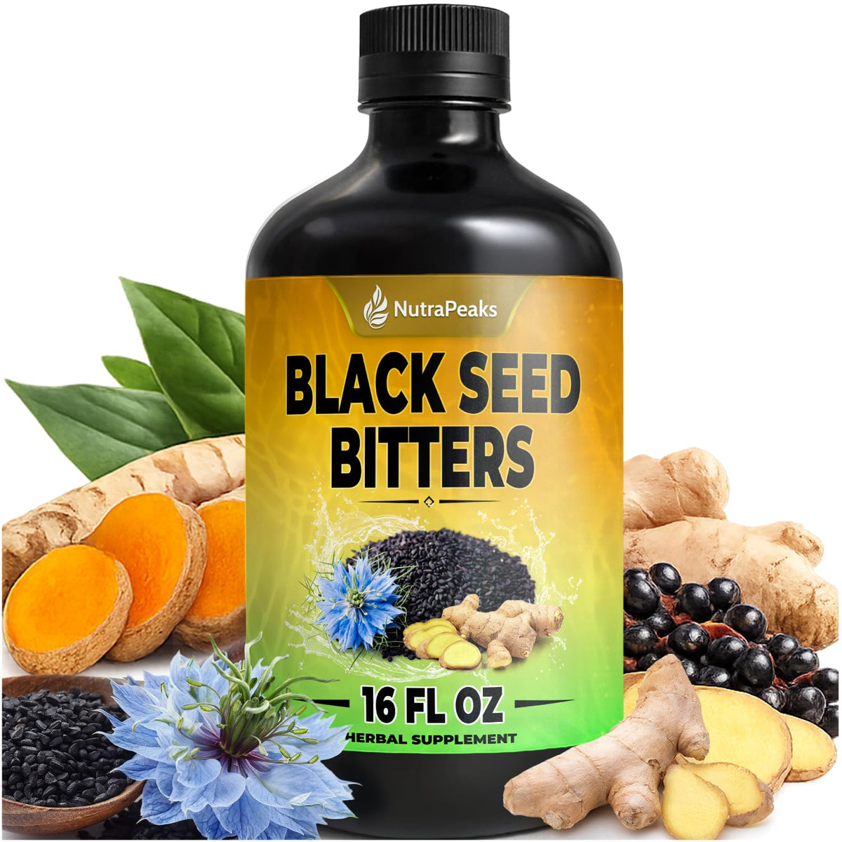 Flacon de 500 ml d'huile de graines noires NutraPeaks avec étiquette