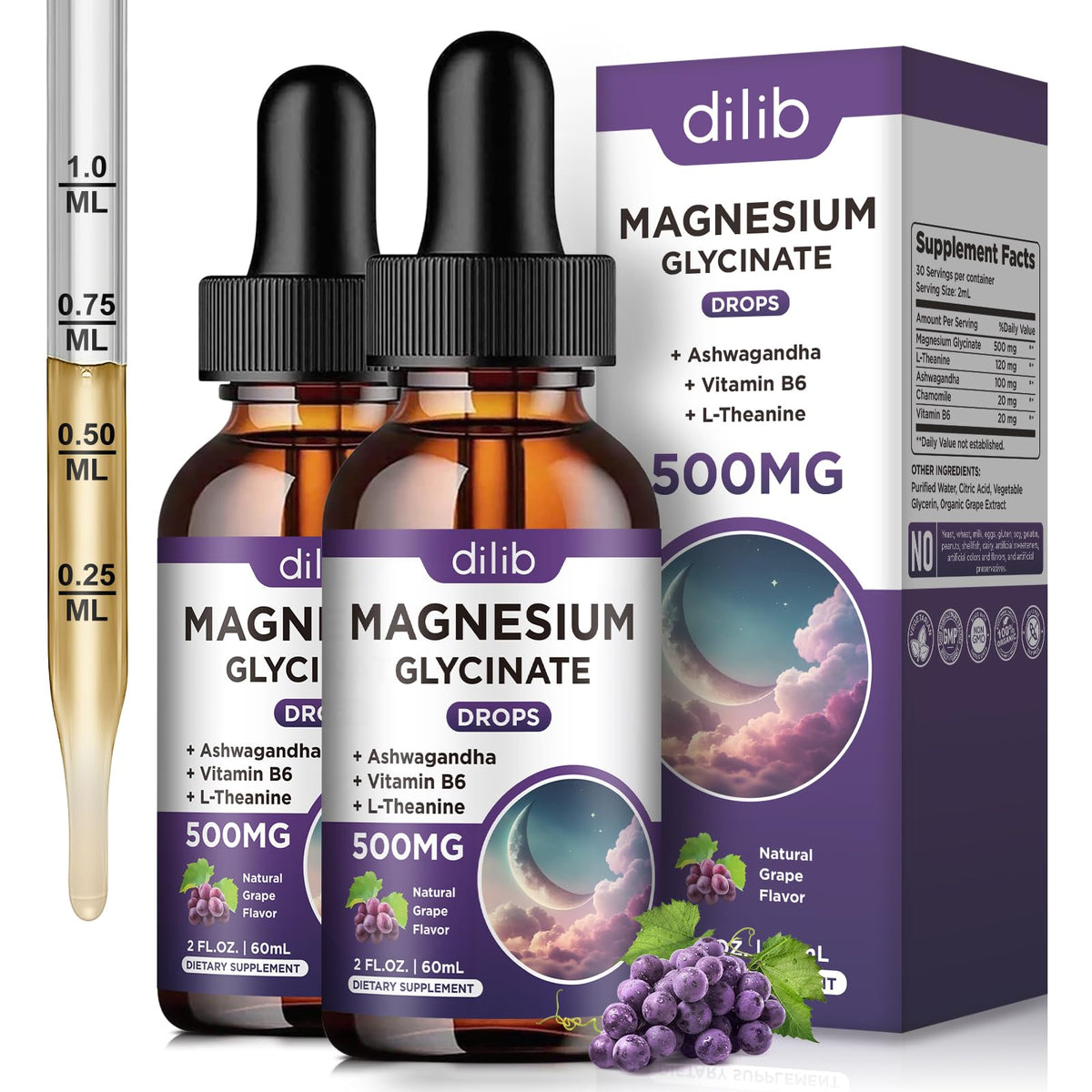 Flacon de 500mg de magnésium glycinate dilib en gouttes, vue avant