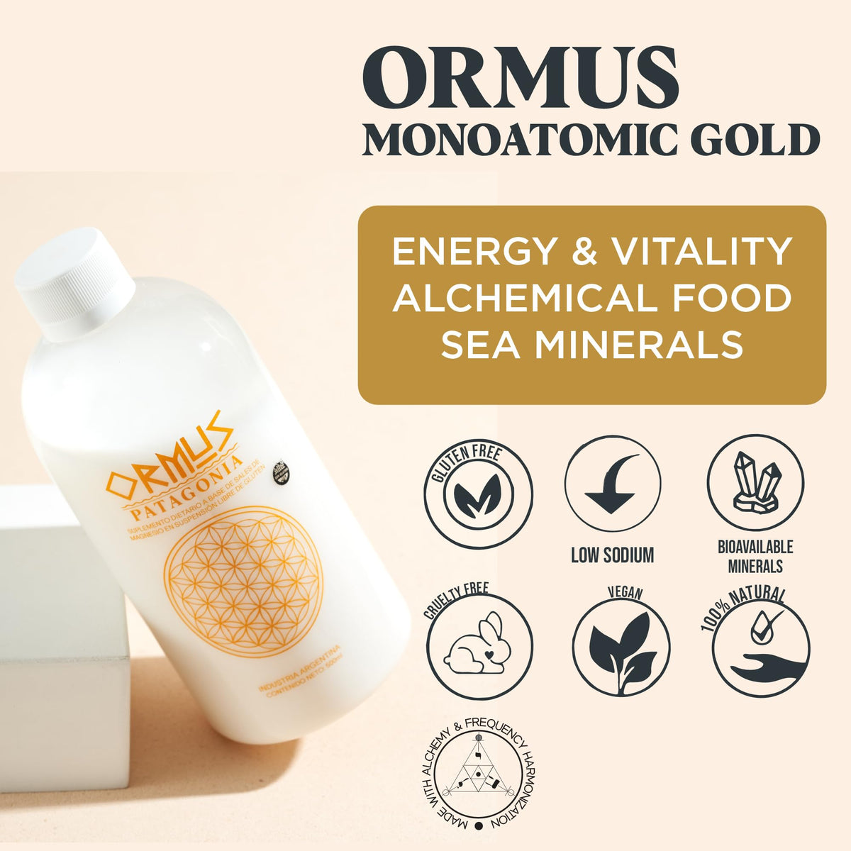 Flacon de 500ml ORMUS Gold avec étiquette détaillée