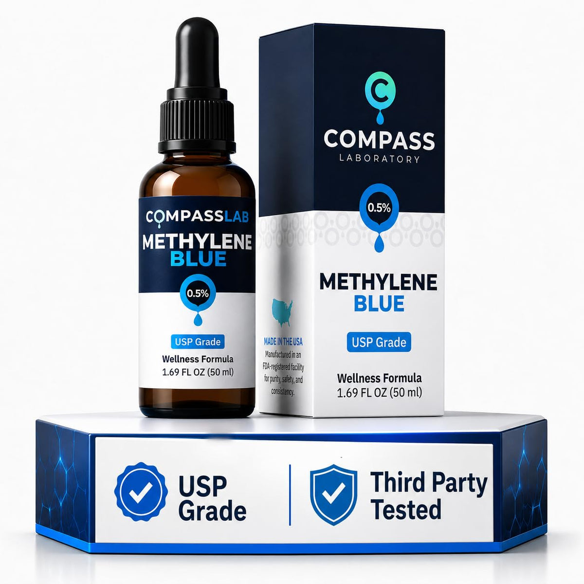 Flacon de 50ml de Methylene Blue COMPASS LABORATORY vue de face