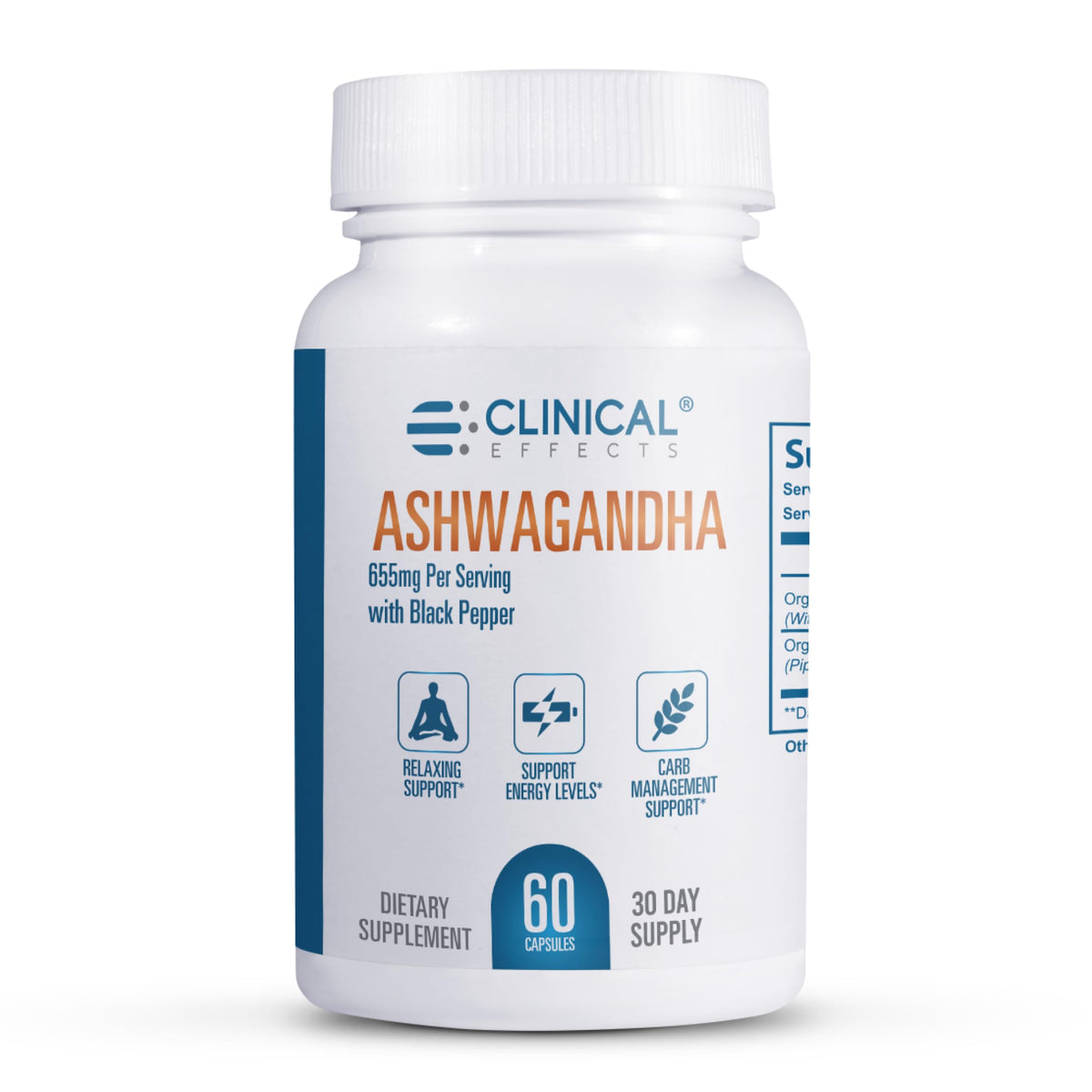 Flacon de 60 capsules d'Ashwagandha Clinical Effects vue de face
