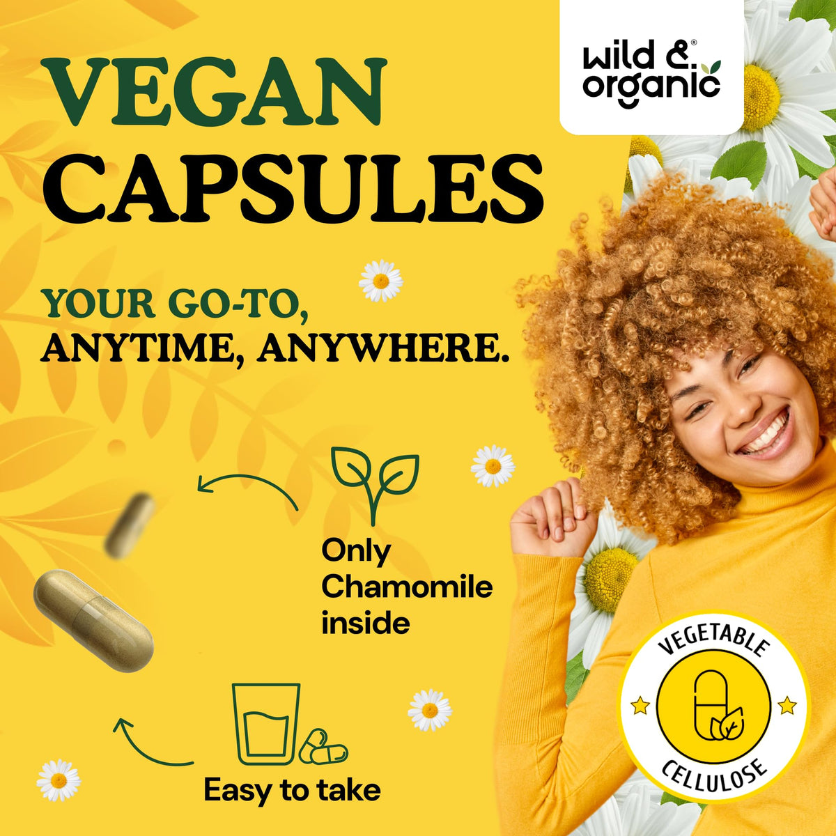 Flacon de 60 capsules de camomille Wild & Organic ouvert