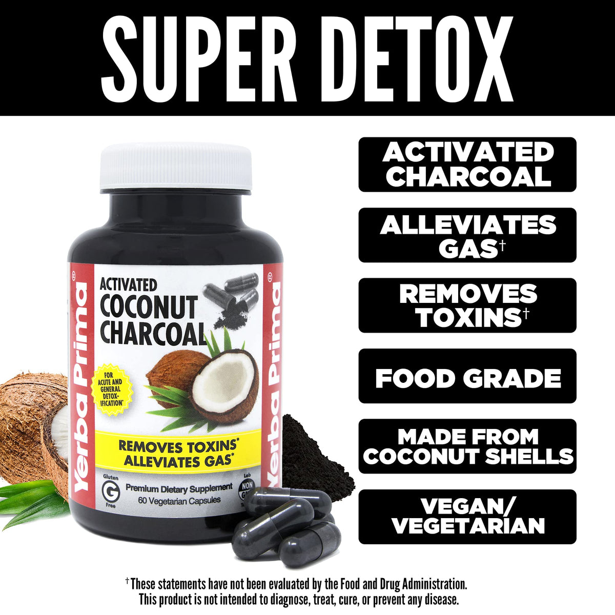 Flacon de 60 capsules de charbon actif de coco Yerba Prima