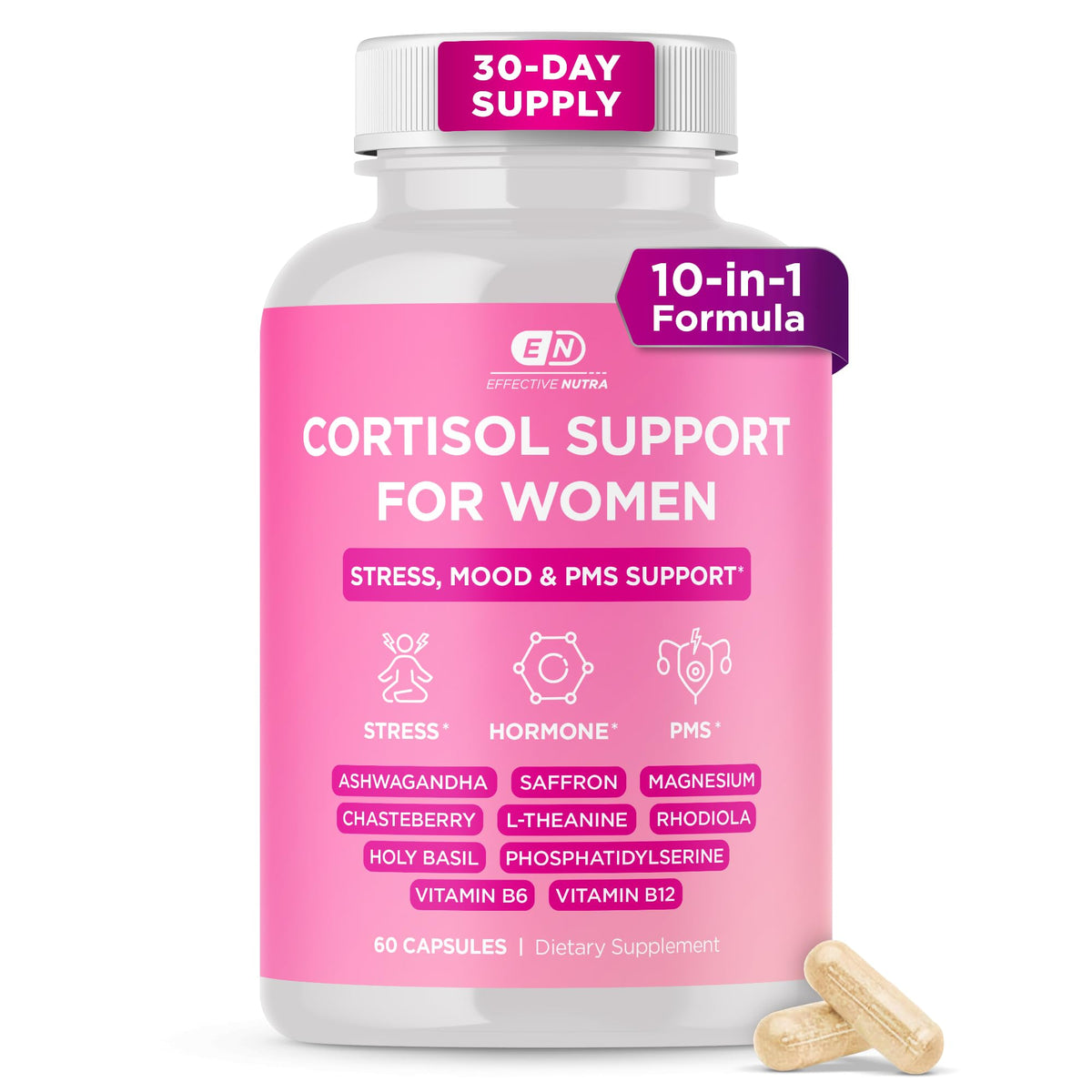 Flacon de 60 capsules de compléments alimentaires Effective Nutra pour le cortisol