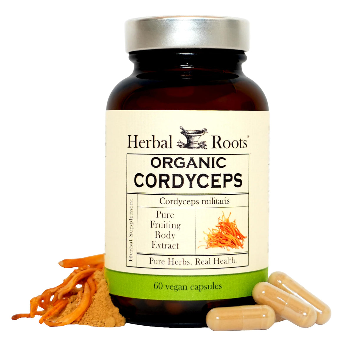 Flacon de 60 capsules de Cordyceps Herbal Roots vue de face