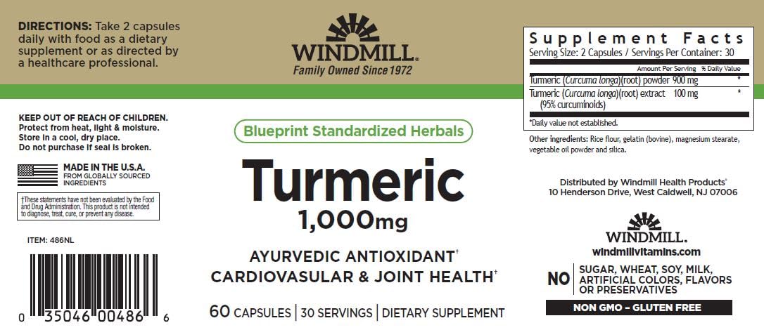 Flacon de 60 capsules de curcuma Windmill sur une table