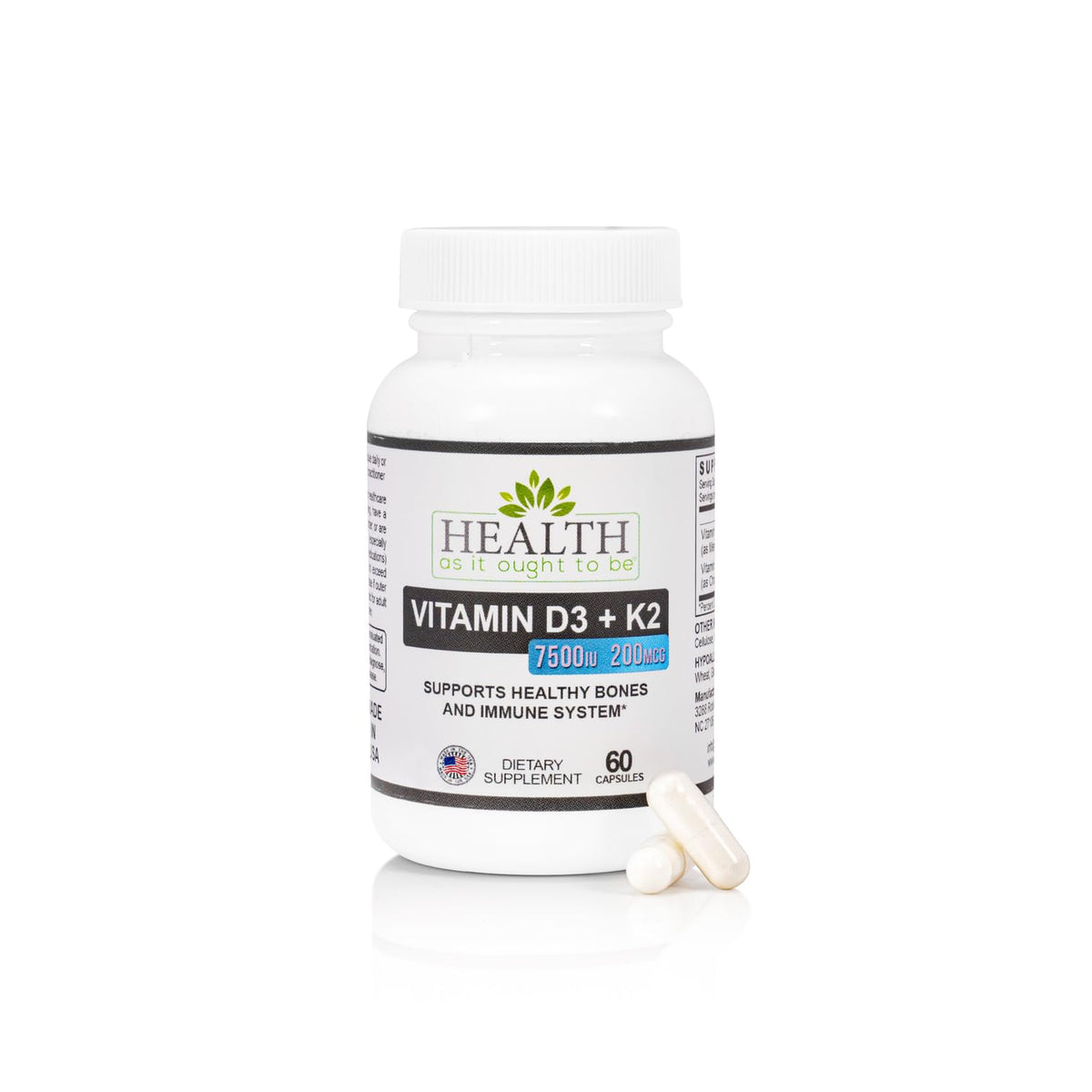 Flacon de 60 capsules de D3 + K2 Health As It Ought To Be