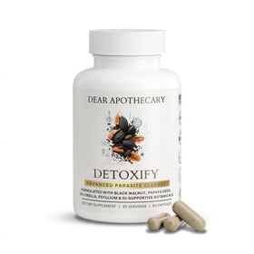 Flacon de 60 capsules de Dear Apothecary avec étiquette informative