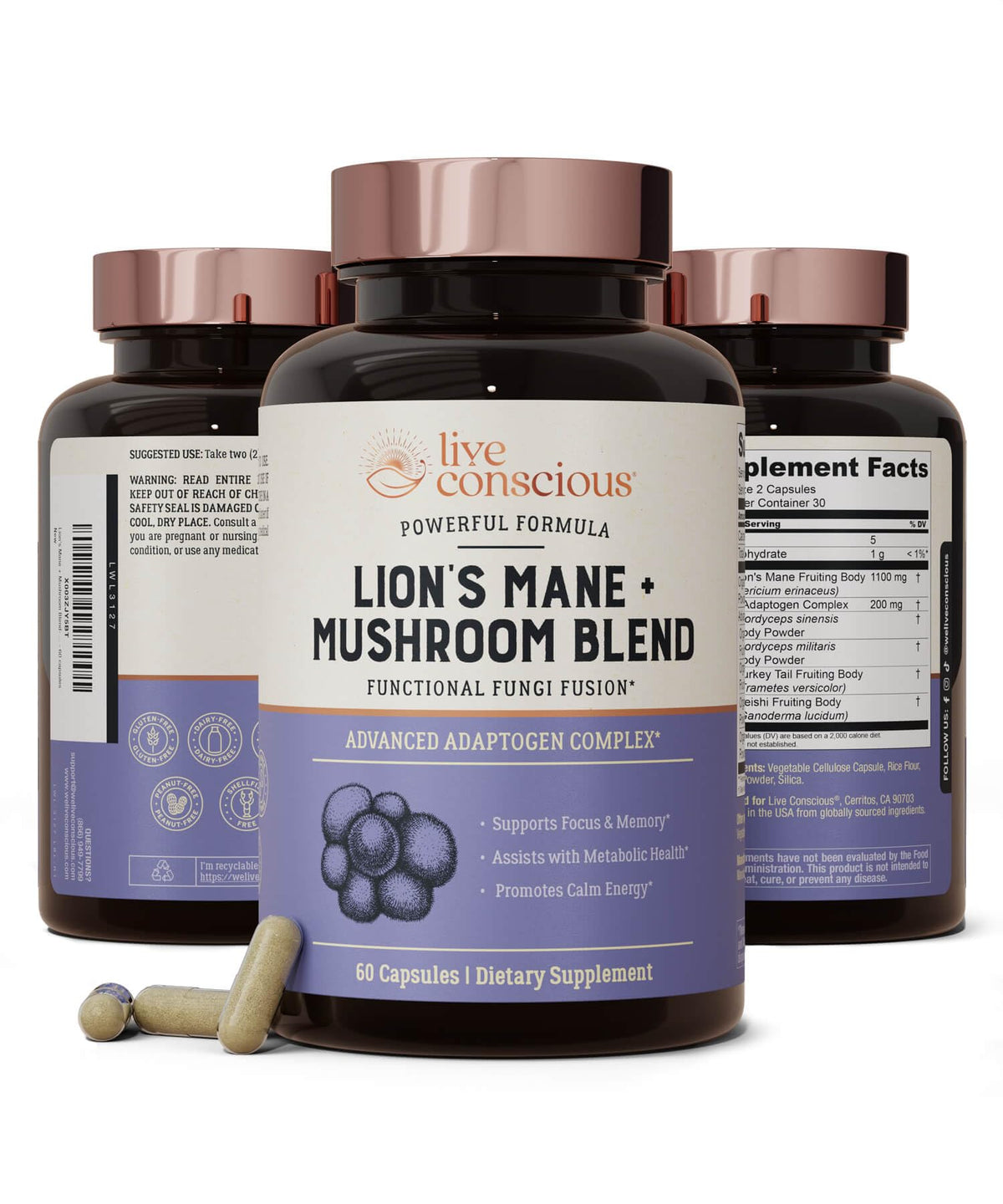 Flacon de 60 capsules de Live Conscious Lion's Mane champignon