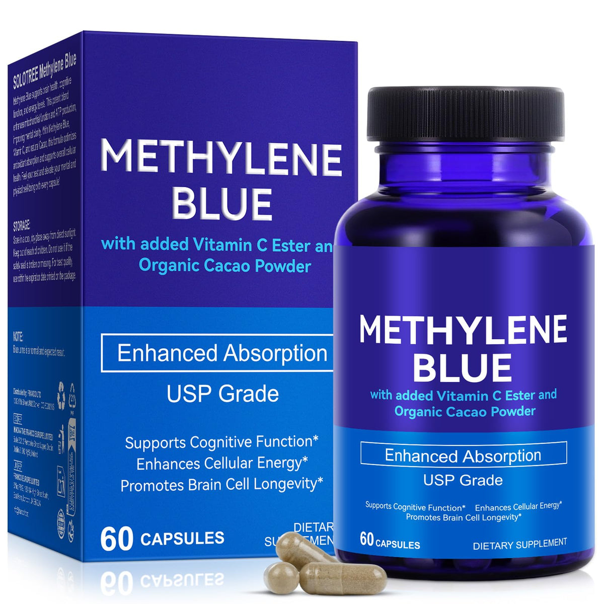 Flacon de 60 capsules de Methylene Blue YEMFGQOE avec étiquette