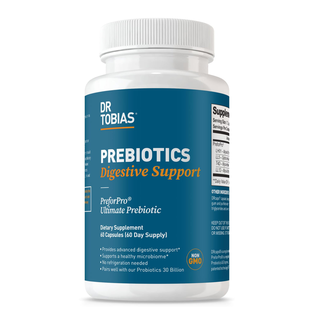 Flacon de 60 capsules de prébiotiques Dr. Tobias vue avant