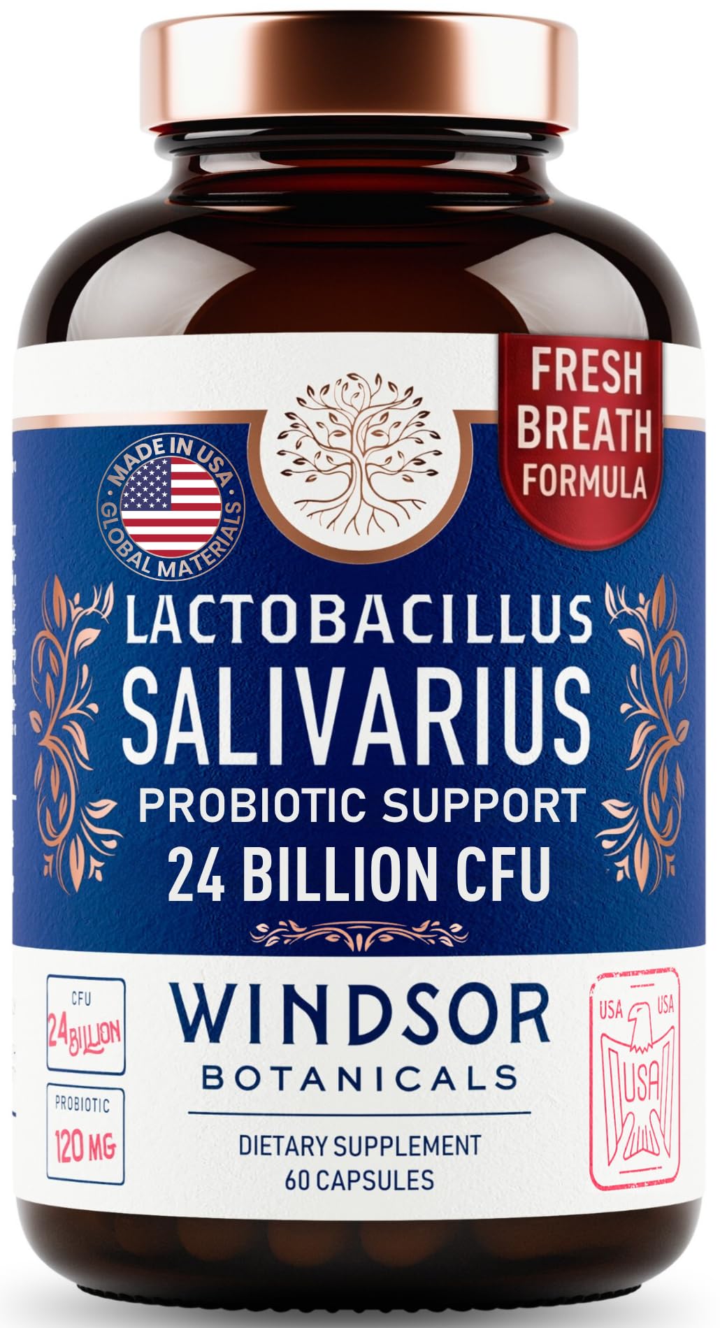 Flacon de 60 capsules de probiotiques Lactobacillus Salivarius de WINDSOR BOTANICALS