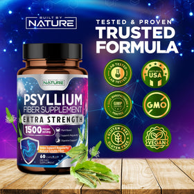 Flacon de 60 capsules de psyllium Built by Nature, étiquette visible