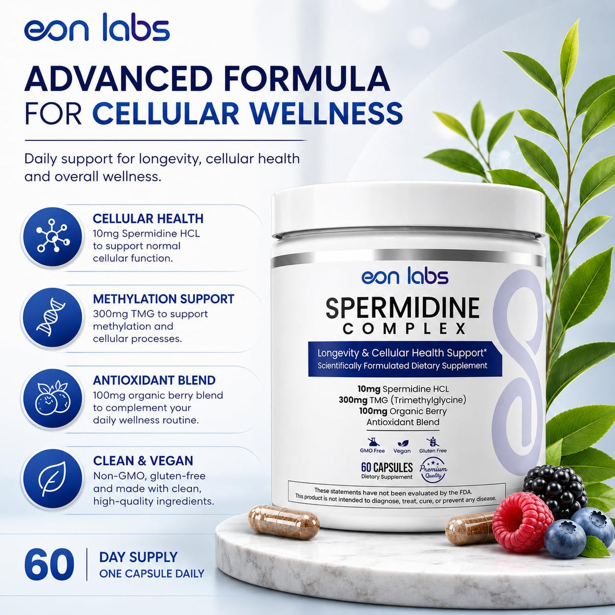 Flacon de 60 capsules de spermidine eon labs avec étiquette