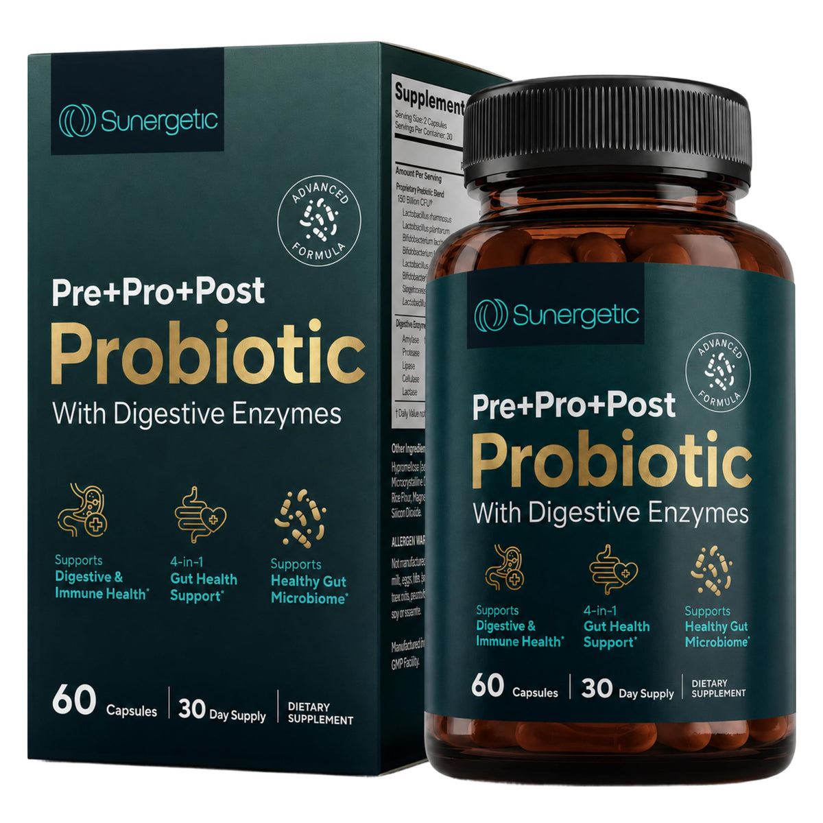 Flacon de 60 capsules de Sunergetic 4-en-1 Probiotiques