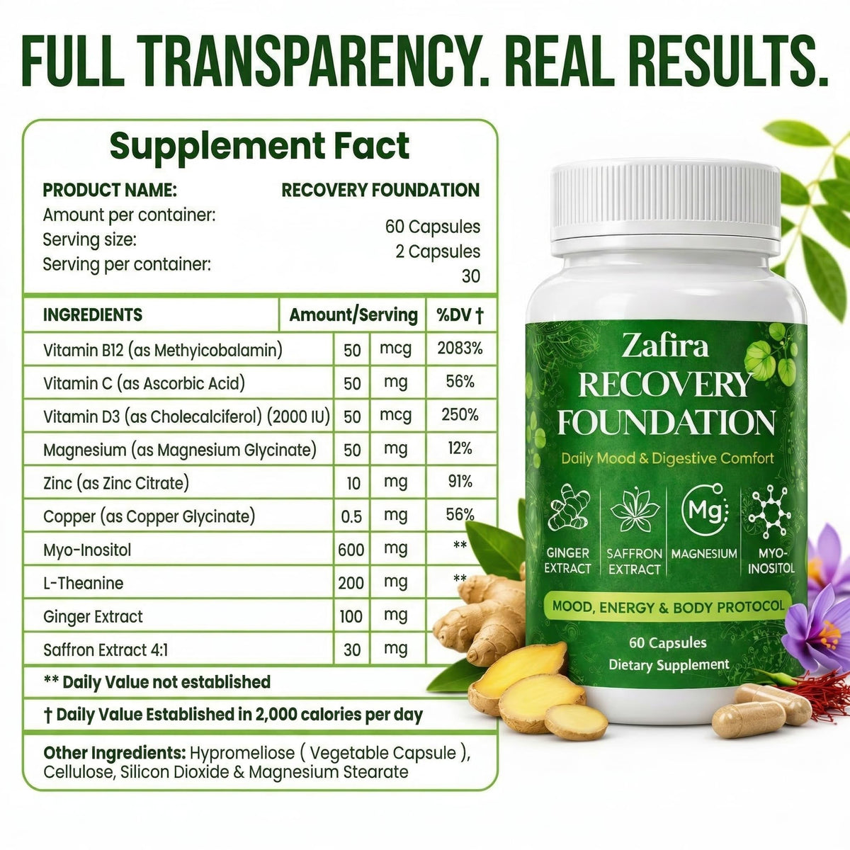 Flacon de 60 capsules DYDUON Zafira Organics sur une surface en bois
