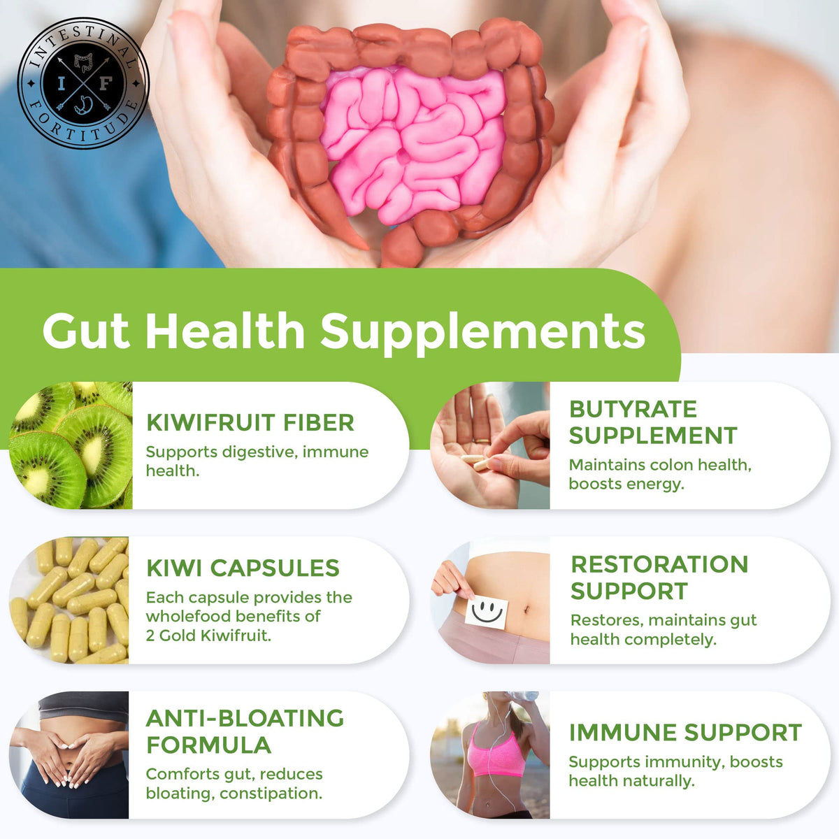 Flacon de 60 capsules prébiotiques Gold Kiwi d'Intestinal Fortitude sur fond blanc