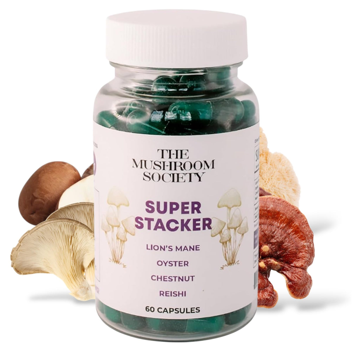 Flacon de 60 capsules véganes Super Stacker de The Mushroom Society