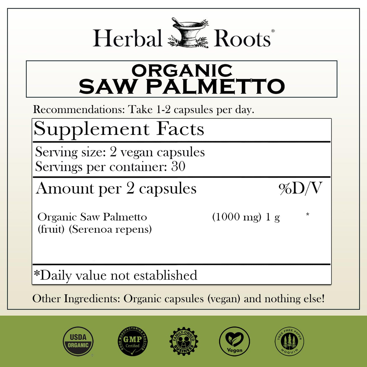 Flacon de 60 capsules végétales Herbal Roots Saw Palmetto, étiquette visible