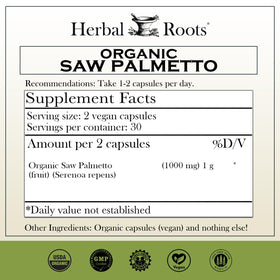 Flacon de 60 capsules végétales Herbal Roots Saw Palmetto, étiquette visible