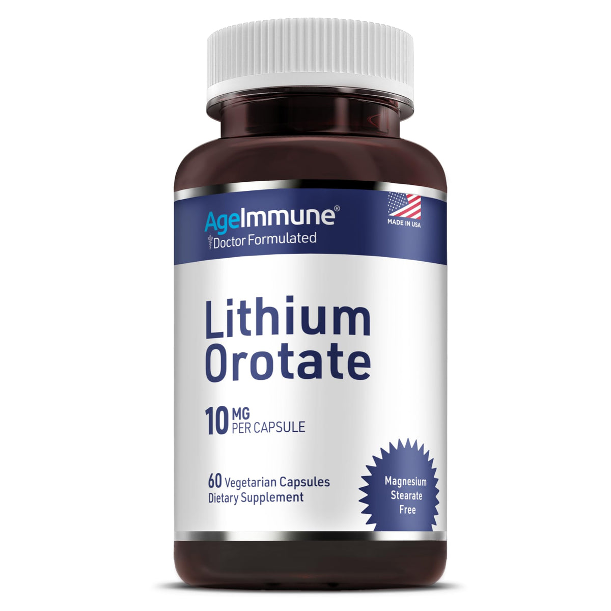 Flacon de 60 capsules végétariennes d'AgeImmune Lithium Orotate 10mg