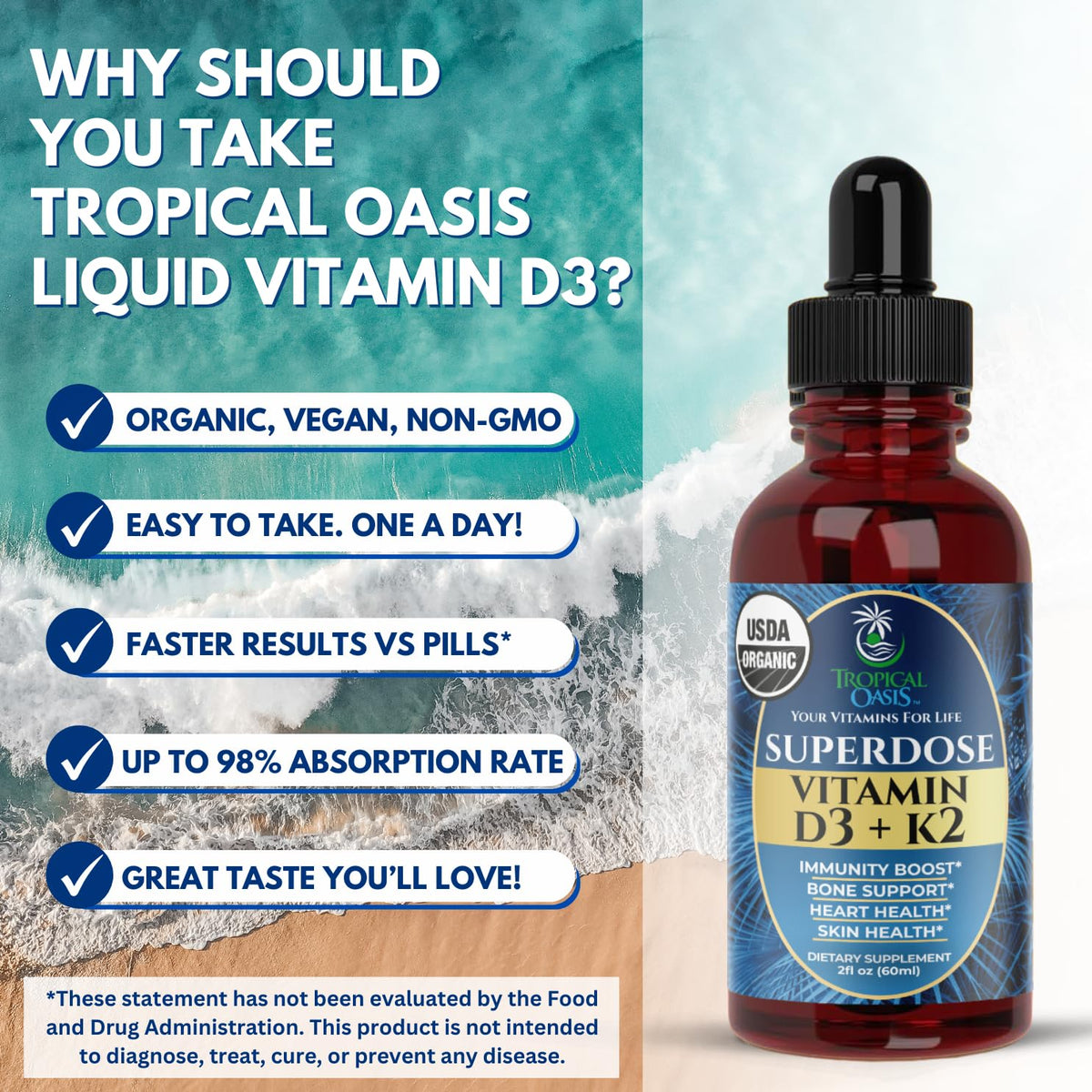 Flacon de 60 doses de Gouttes de Vitamine D3 K2 Tropical Oasis