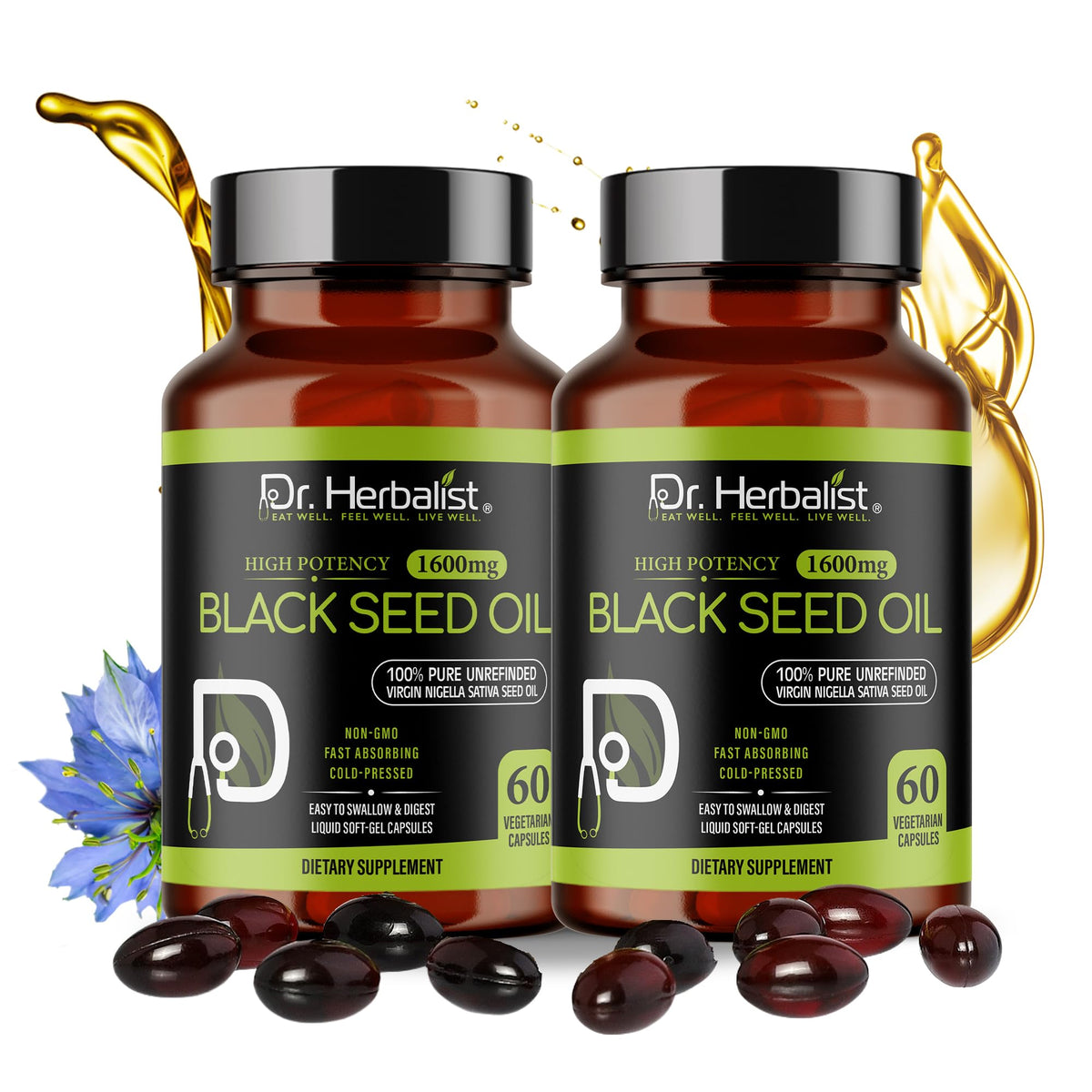 Flacon de 60 gélules d'huile de graines noires Dr. HERBALIST
