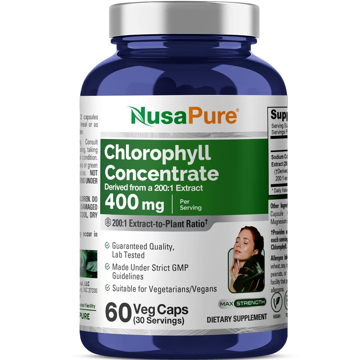 Flacon de 60 gélules de chlorophylle NusaPure vue de face