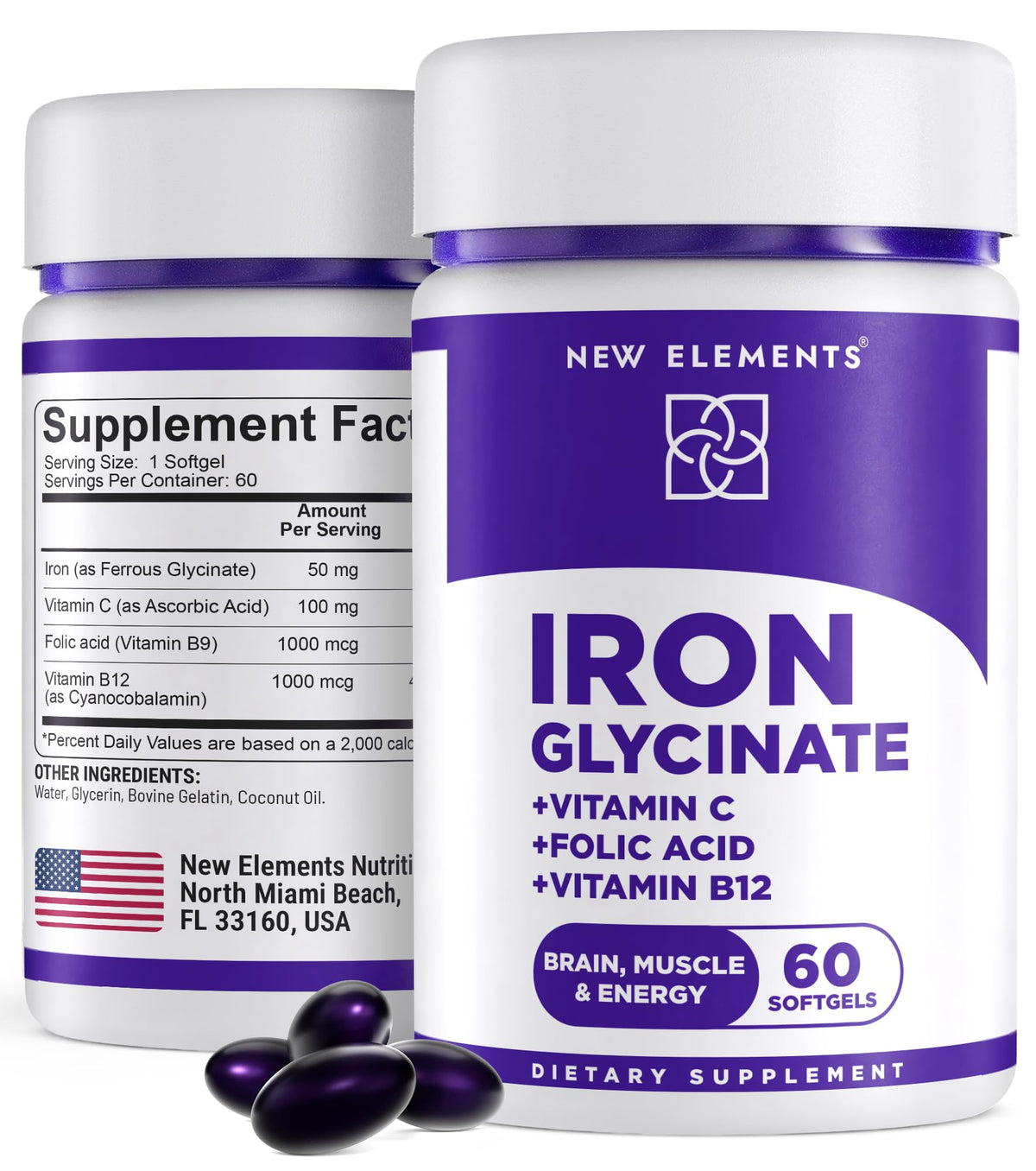 Flacon de 60 gélules de Fer Glycinate 50mg New Elements