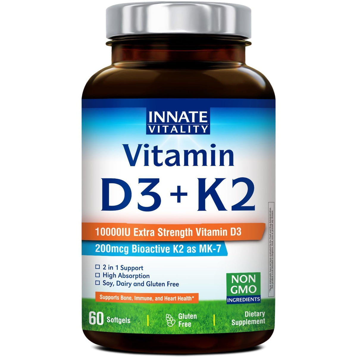 Flacon de 60 gélules de vitamine D3 K2 Innate Vitality