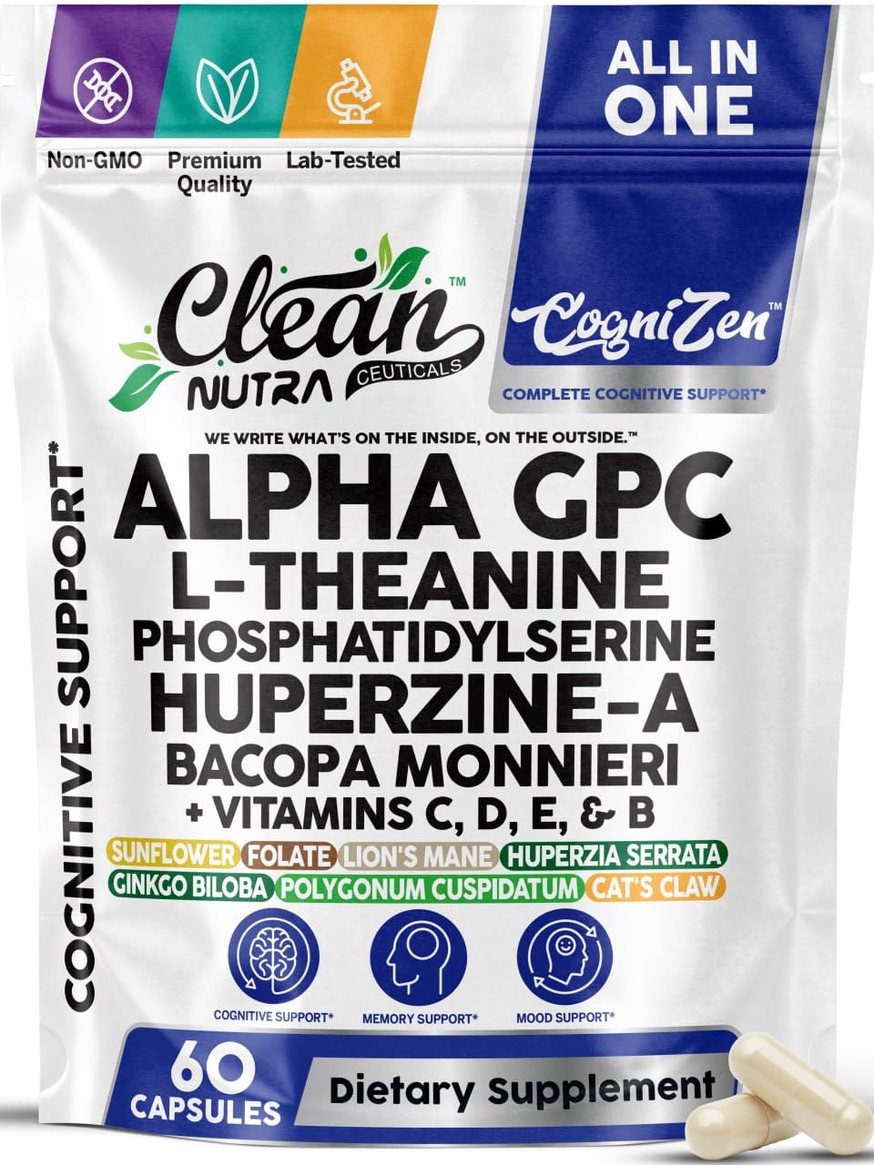 Flacon de 60 gélules végétariennes Alpha GPC 600mg de Clean Nutraceuticals