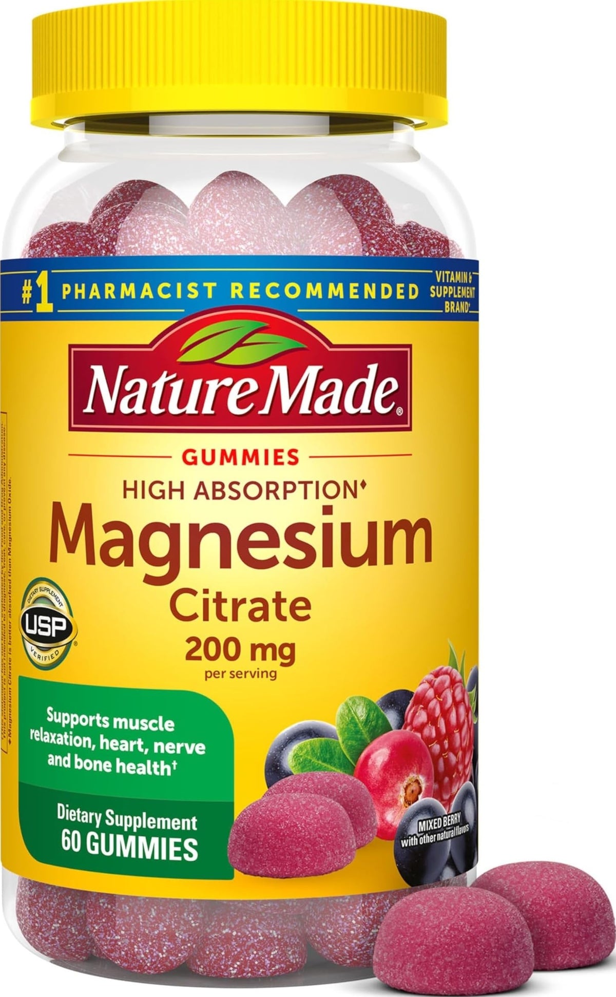 Flacon de 60 gummies Nature Made Magnésium Citrate 200mg face avant