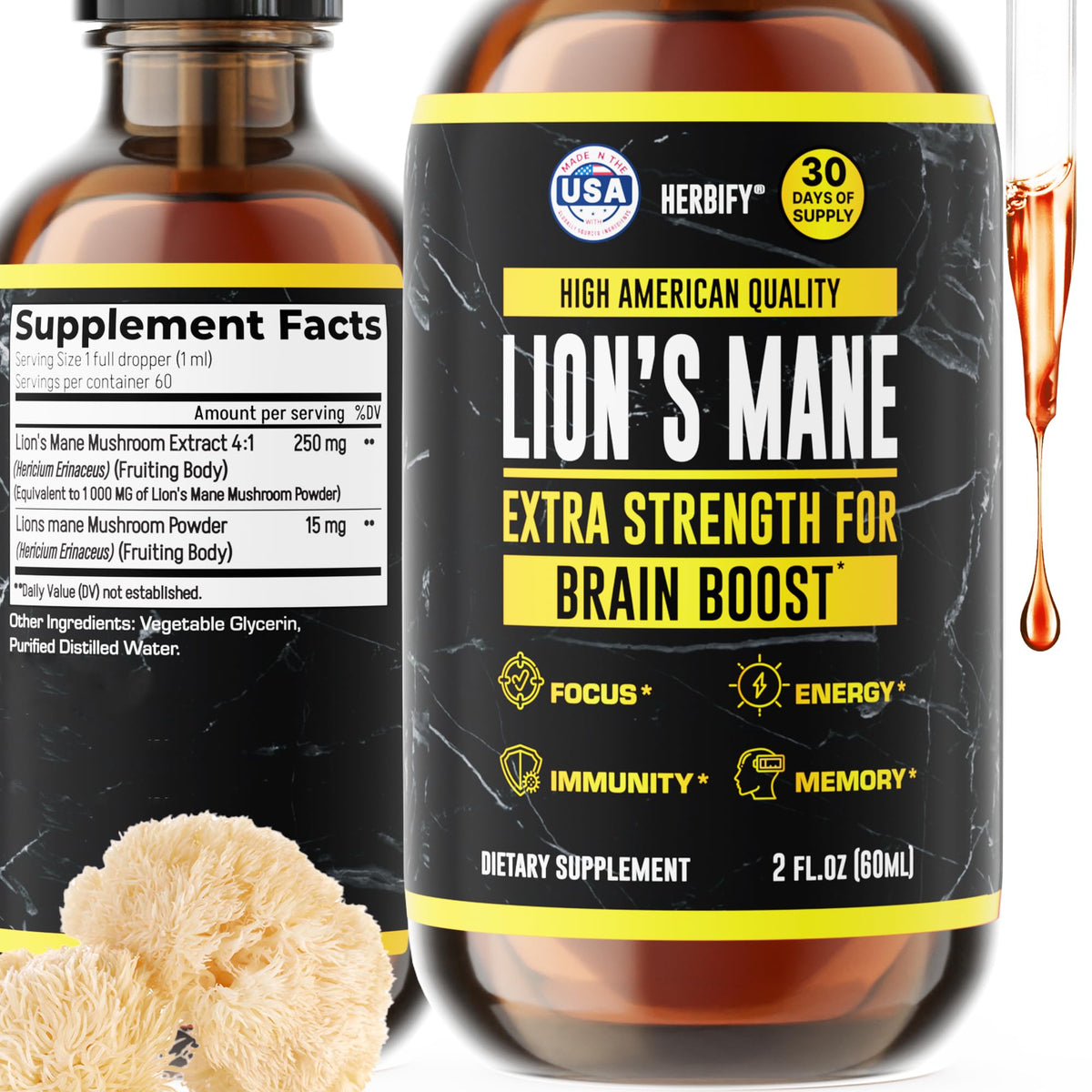 Flacon de 60 ml d'extrait de champignon Lion's Mane HERBIFY avec compte-gouttes