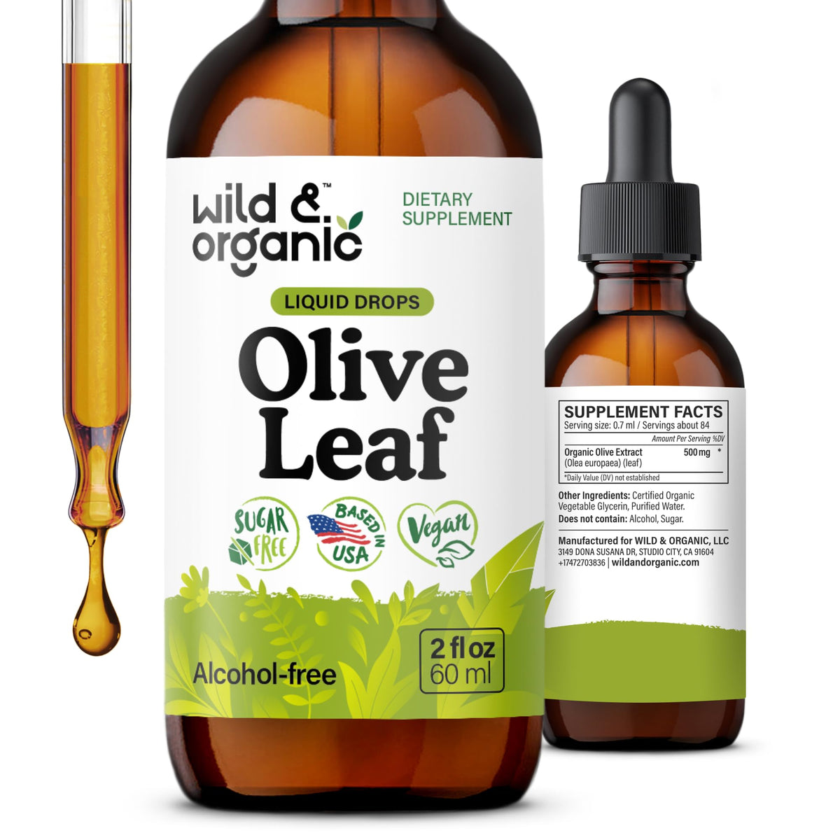 Flacon de 60 ml d'extrait de feuille d'olivier Wild & Organic