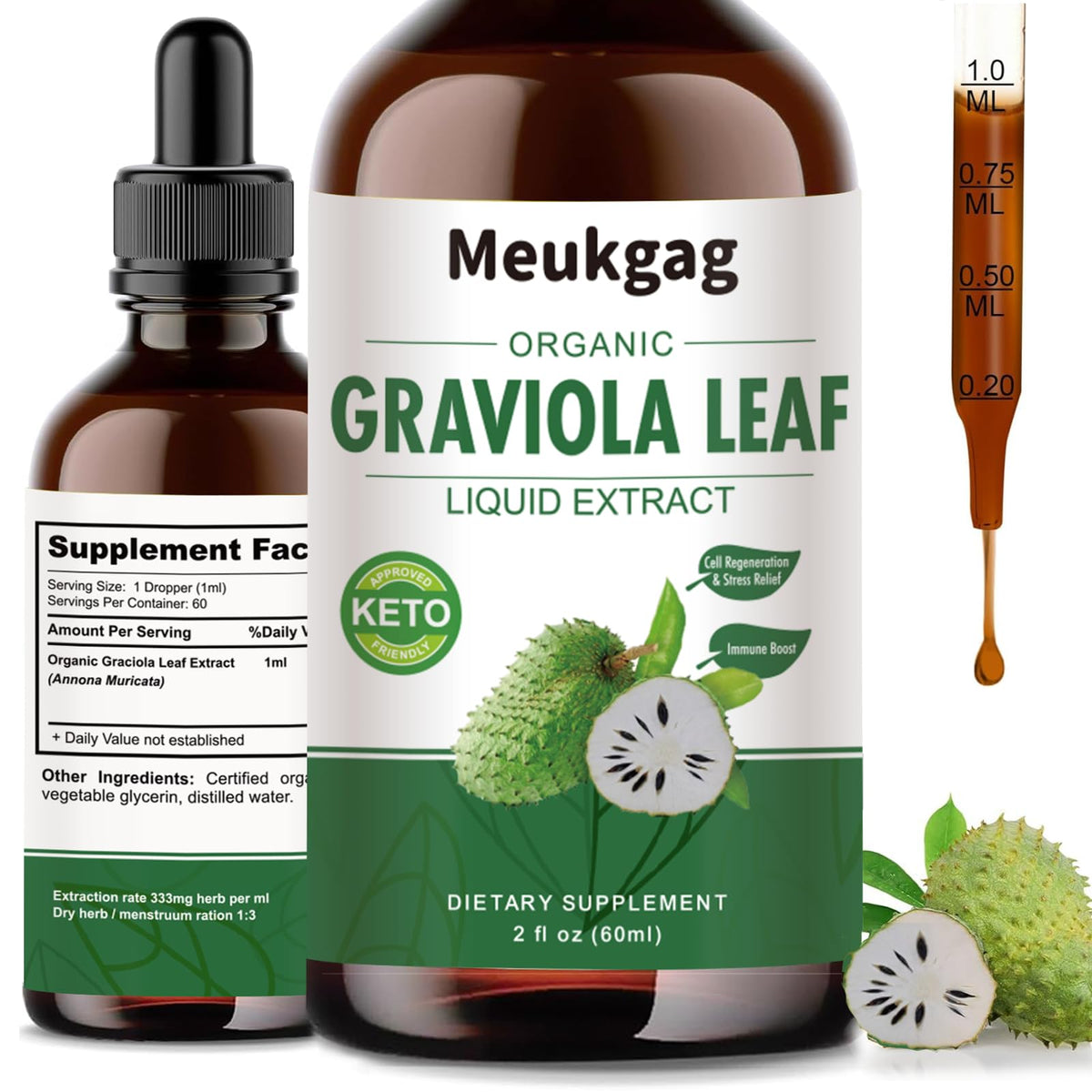 Flacon de 60 ml d'extrait de feuille de graviola Meukgag vue de face