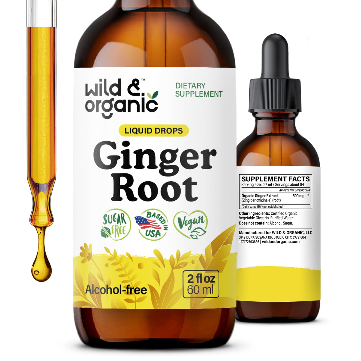Flacon de 60 ml d'extrait de gingembre Wild & Organic vue de face