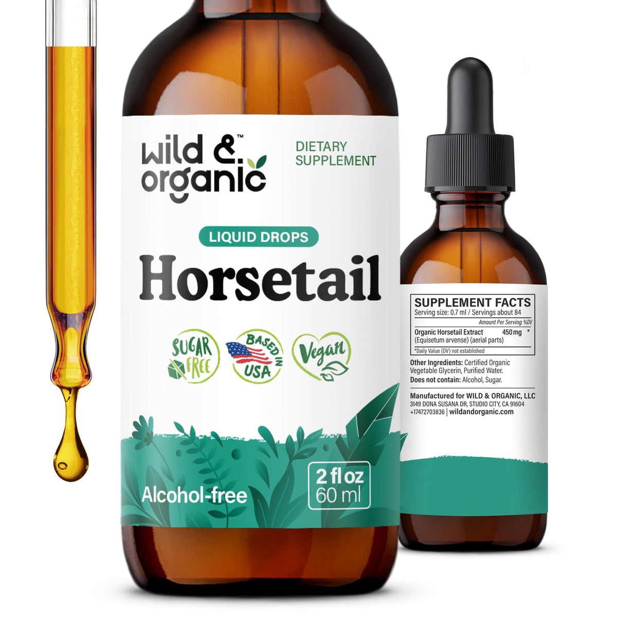 Flacon de 60 ml d'extrait de prêle Wild & Organic vue de face