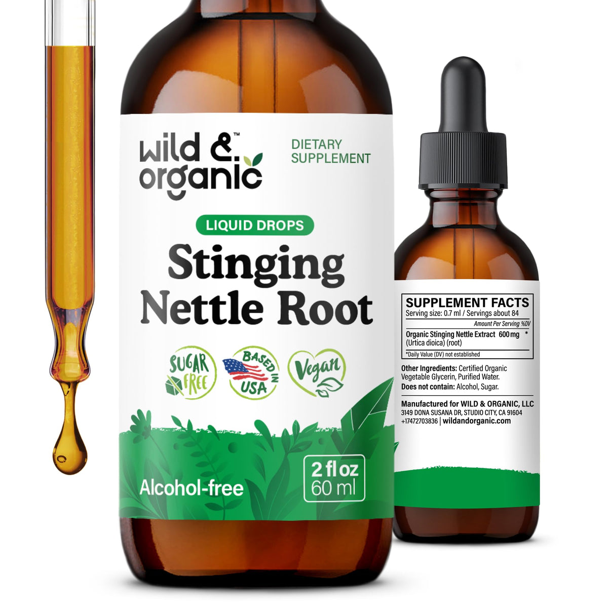 Flacon de 60 ml d'extrait de racine d'ortie Wild & Organic avec étiquette visible