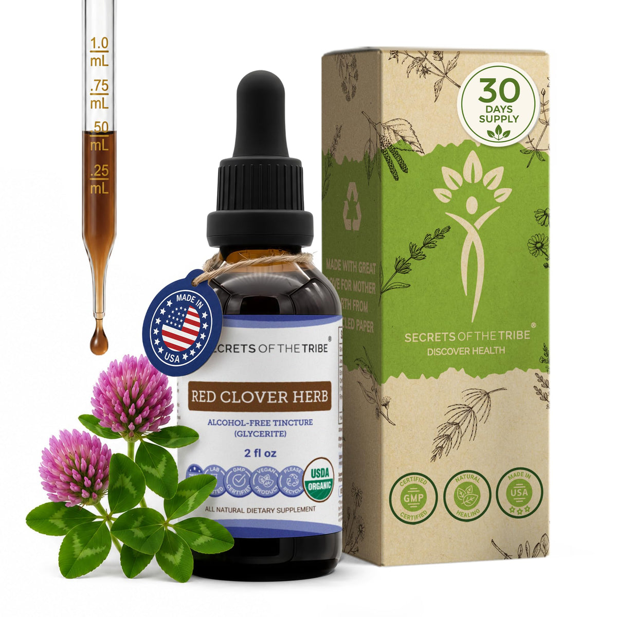 Flacon de 60 ml d'extrait de trèfle rouge bio Secrets of the Tribe