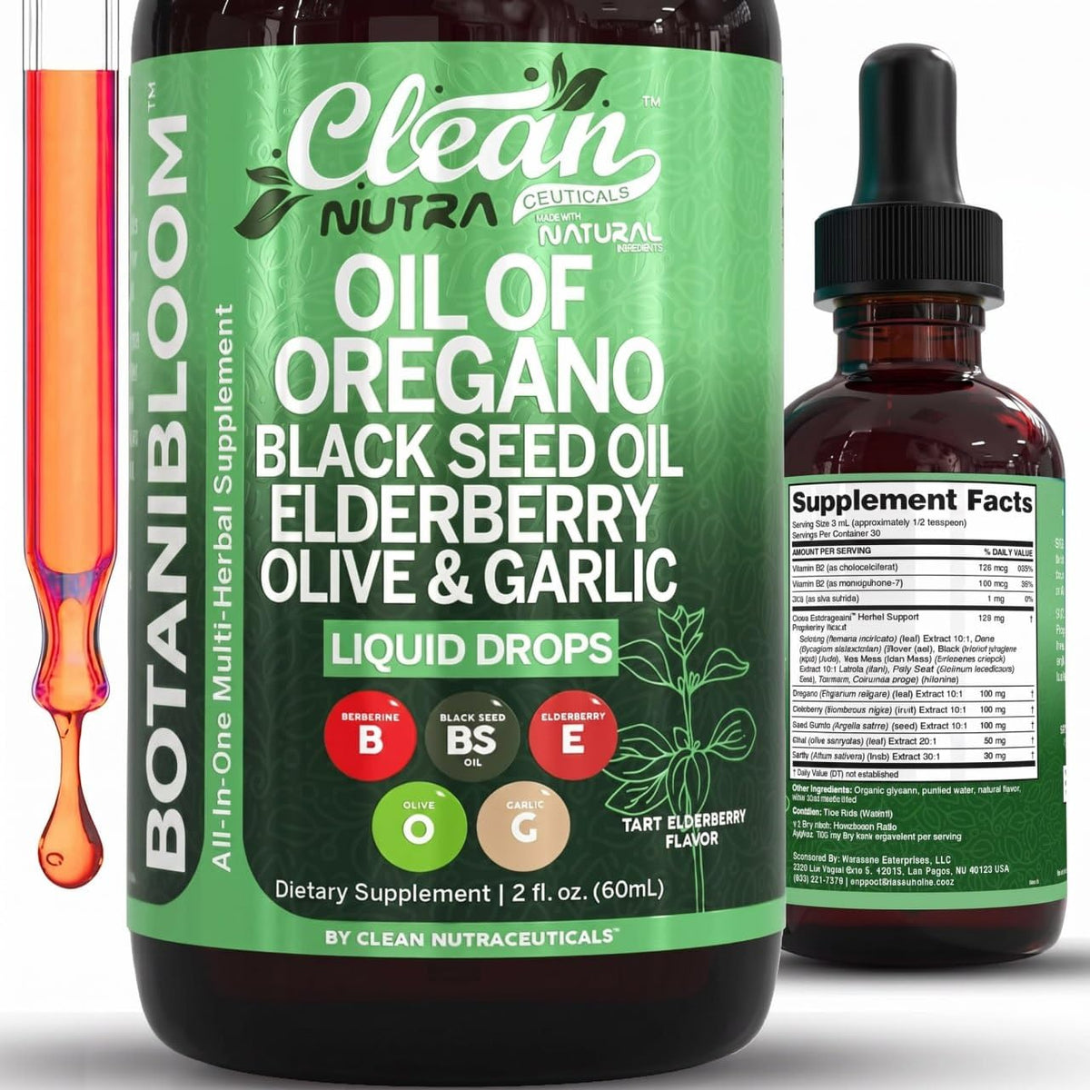 Flacon de 60 ml d'huile d'origan Clean Nutraceuticals avec étiquette