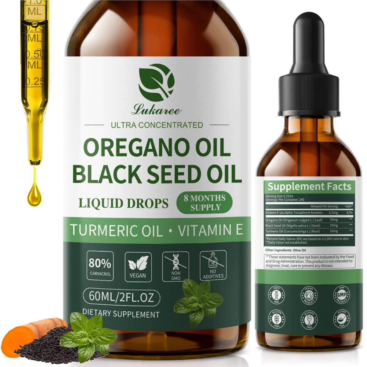 Flacon de 60 ml d'huile d'origan Lukaree avec étiquette