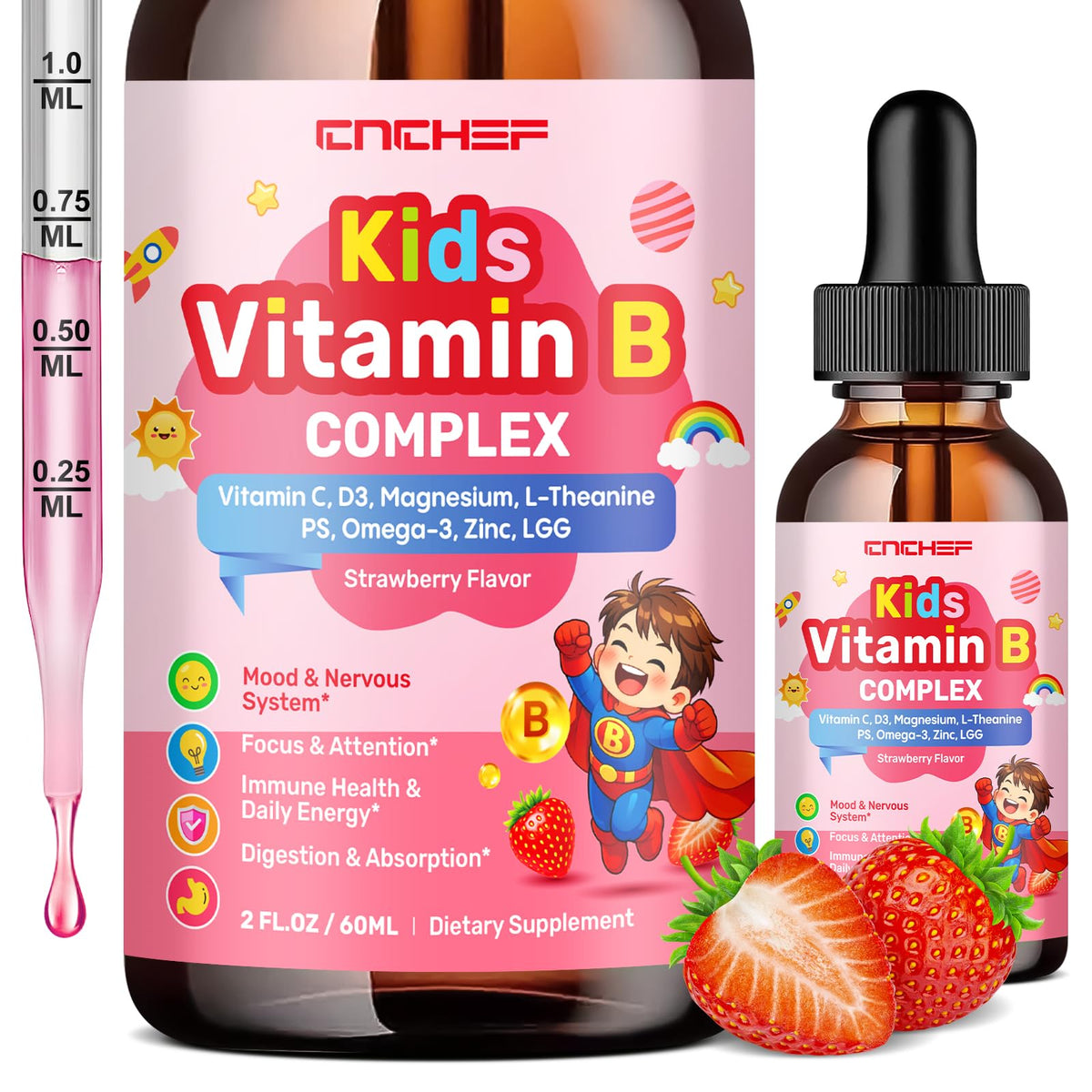 Flacon de 60 ml de CNCHEF B Complex pour enfants, goût fraise