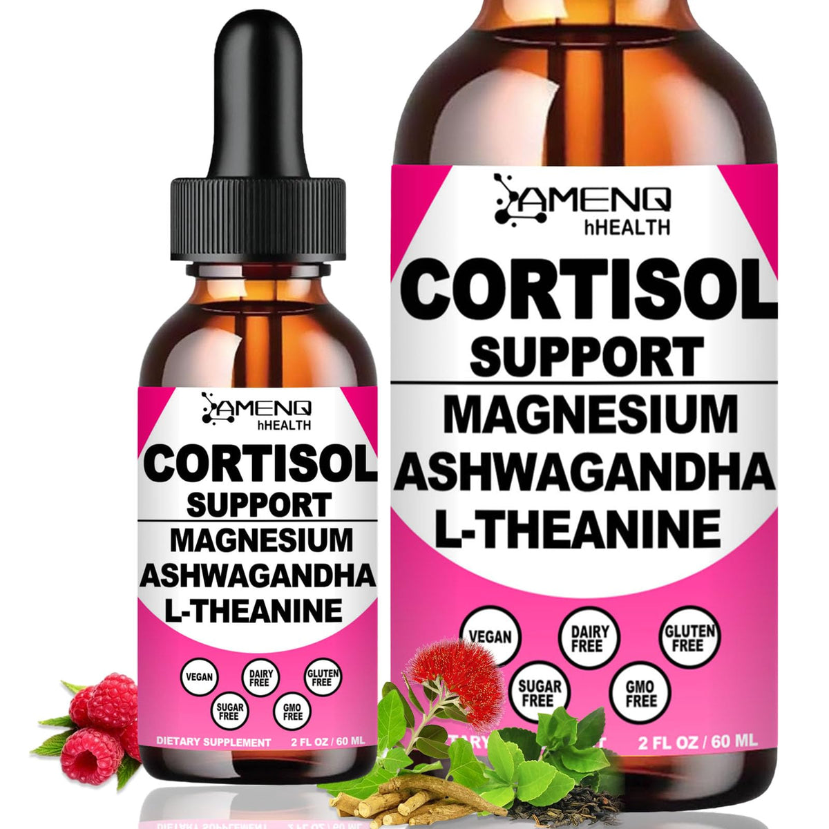 Flacon de 60 ml de complément alimentaire AMENQ hHEALTH pour le cortisol, saveur framboise