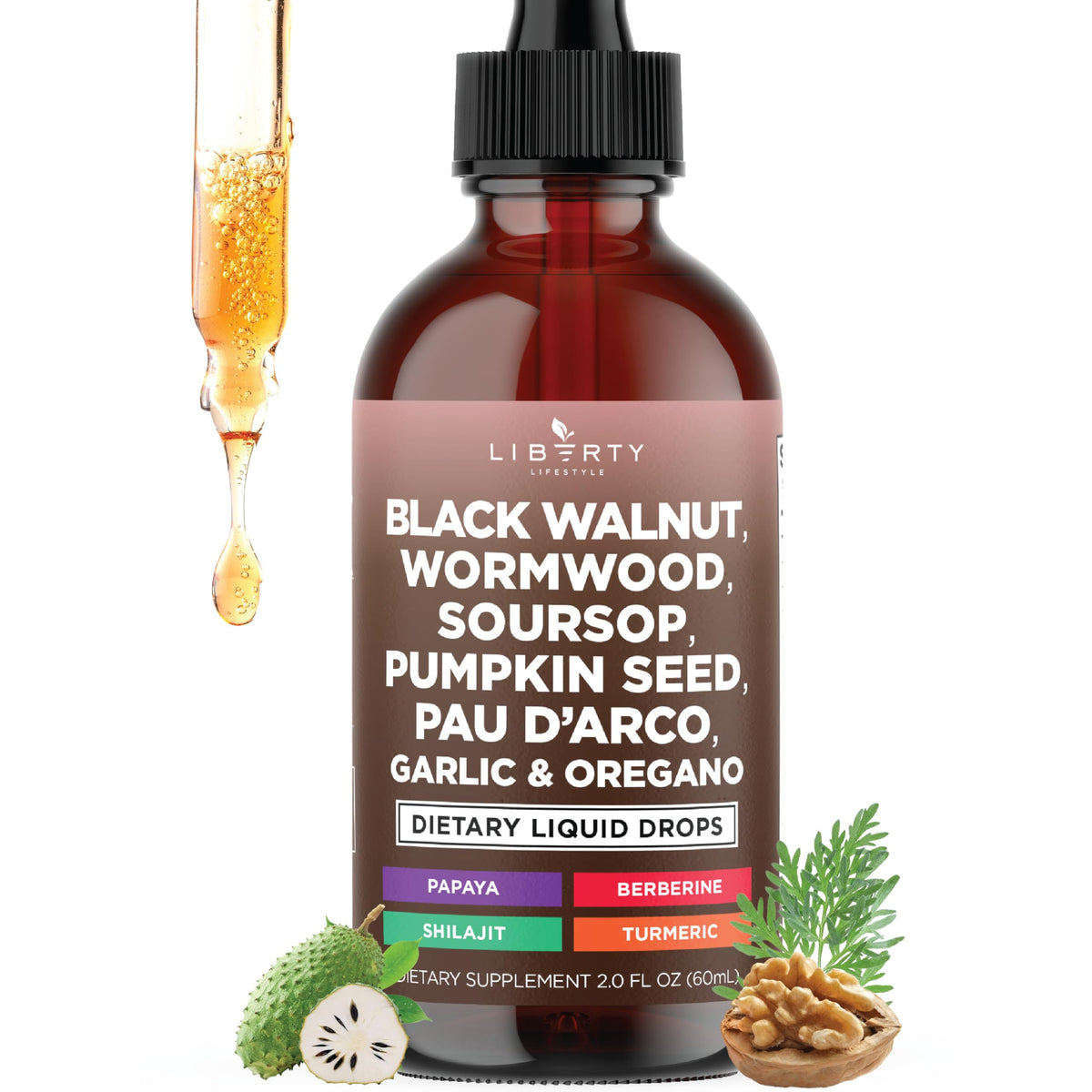 Flacon de 60 ml de complément alimentaire liquide Liberty Lifestyle avec ingrédients naturels