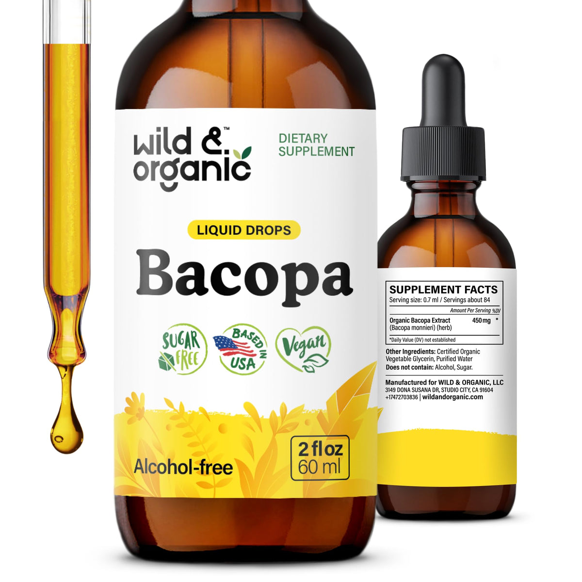 Flacon de 60 ml de complément alimentaire Wild & Organic Bacopa Monnieri