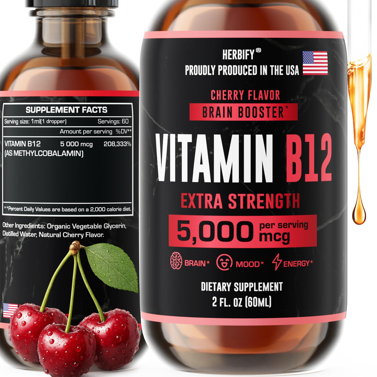 Flacon de 60 ml de complément HERBIFY B12 Methylé avec gouttes